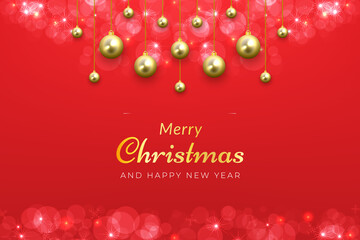 Merry Christmas holiday background in sparkling red color with golden ball hanging ornaments for winter celebration in december