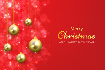 Merry Christmas holiday background in sparkling red color with golden ball hanging ornaments for winter celebration in december