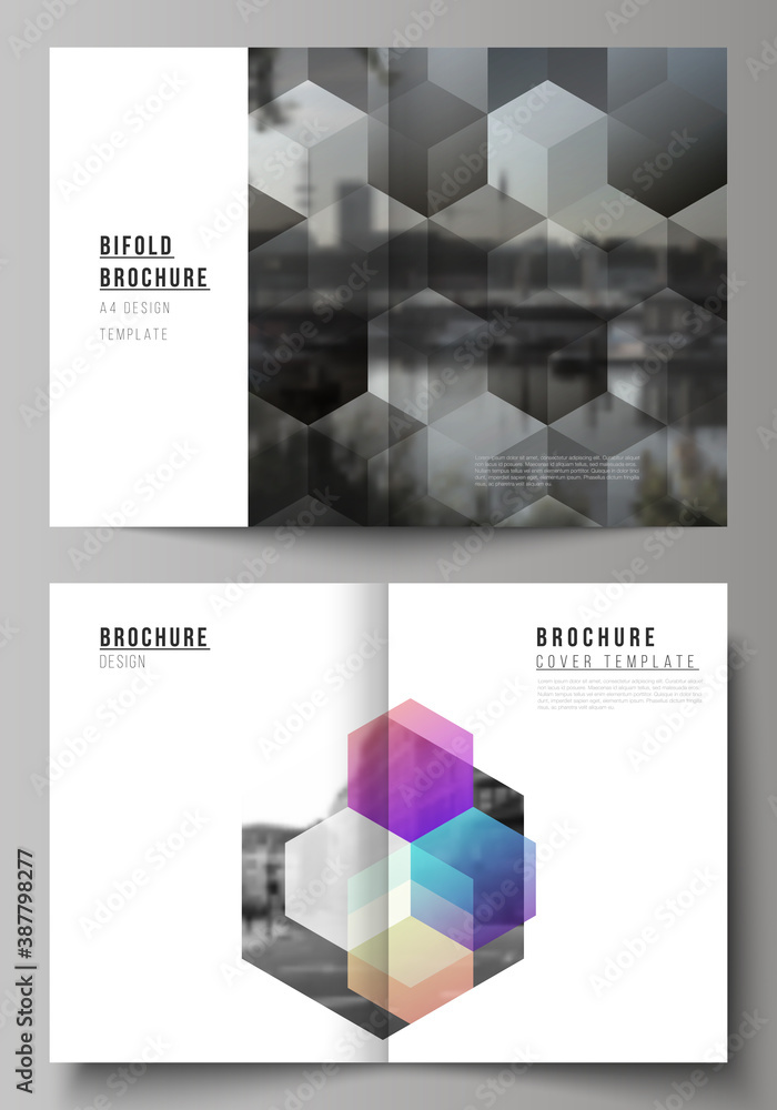 Aufkleber vector layout of two a4 format cover mockups design templates with colorful hexagons, geometric shap