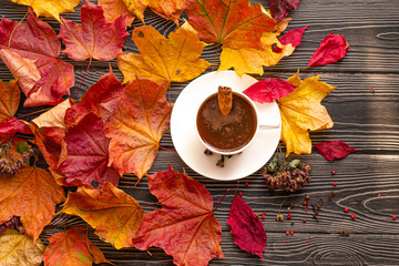 Coffee break with a Cup of aromatic coffee with spices - cinnamon, cloves and red pepper. Autumn...