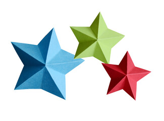 A paper origami star hanging isolated white