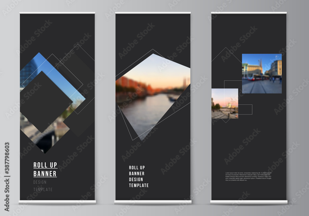 Poster vector layout of roll up mockup design templates with geometric simple shapes, lines and photo place
