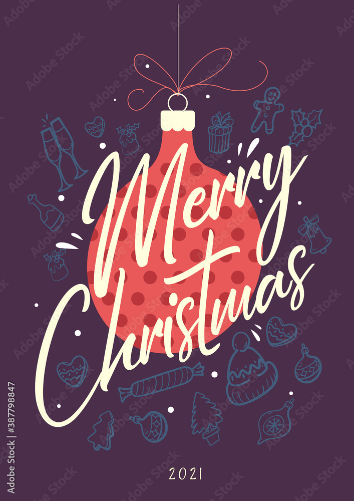 Wall mural christmas and new year greeting cards. christmas ball and painted elements in the background. vector