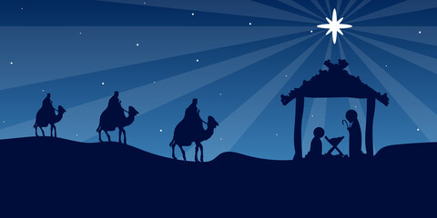 Wise men Mary and Joseph in Bethlehem, vector art illustration.