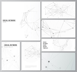 Vector layouts of social network mockups for cover design, website design, website backgrounds or advertising mockups. Gray technology background with connecting lines and dots. Network concept.