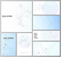 Vector layouts of social network mockups in popular formats for cover design, website design, website backgrounds or advertising mockups. Blue medical background with connecting lines and dots, plexus