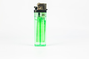 Green plastic gas disposable cigarette lighter isolated on white background with clipping path