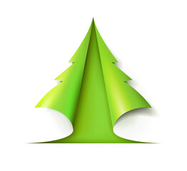 Green Christmas tree cut out of white paper. Design for holiday cards. Modern abstract xmas. Glossy element vector illustration.