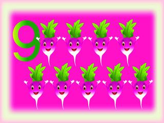 Illustrated flash card showing the number nine, radishes.