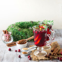 Christmas holiday Hot mulled wine in glasses.