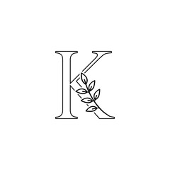Outline Initial Letter K logo icon. Vintage logo outline floral leaf