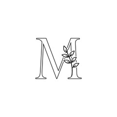 Outline Initial Letter M logo icon. Vintage logo outline floral leaf
