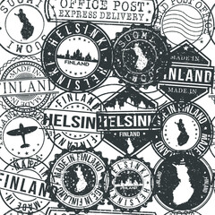 Fototapeta premium Helsinki Finland Stamps Background. City Stamp Vector Art. Postal Passport Travel. Design Set Pattern.
