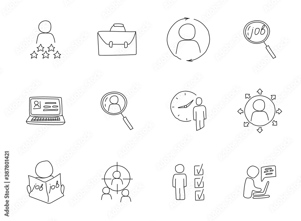 Poster job search doodles isolated on white. job search icon set for web design, user interface, mobile app