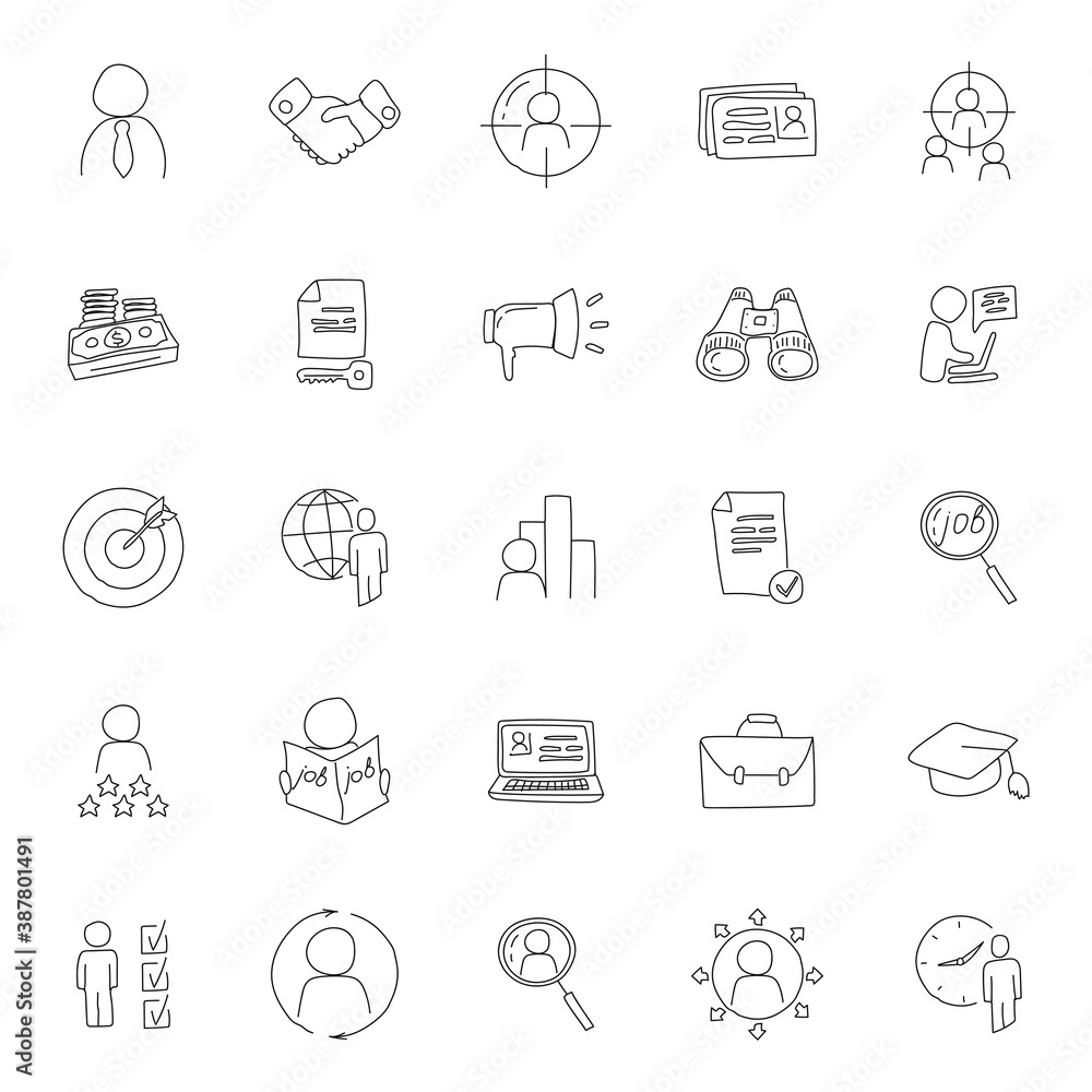 Aufkleber job search hand drawn linear doodles isolated on white background. job search icon set for web and u