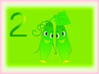 Illustrated flash card showing the number two, cucumbers