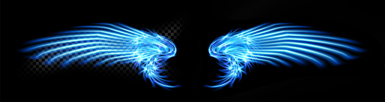 Abstract neon glowing blue angel wings. Isolated, strewn with sparks on dark, black background. Happy Valentines day, attributes. Vector illustration