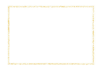 Vintage frame from plume gold crumbs. Golden dust texture scattering isolated on white. Rectangular border sand particles, grain. Empty copy space for decoration, photo. Vector illustration.