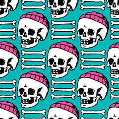 Seamless pattern of spooky skulls in cute pink hats