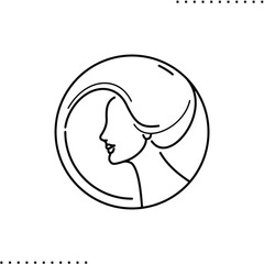 woman profile in a round frame, long hair  vector icon in outlines