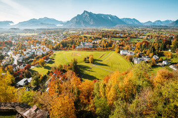 Obraz premium Aerial panorama view of Salzburg seen from Hohensalzburg Fortress in fall, Salzburger Land, Austria