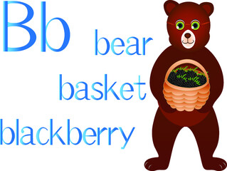 Illustration for teaching children the English alphabet with cartoon bear with basket. The letter B.