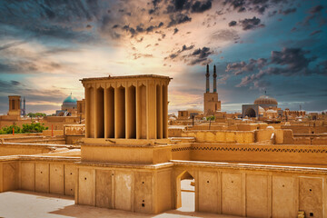 Panoramic view of badgirs and mosques of Yazd, Iran