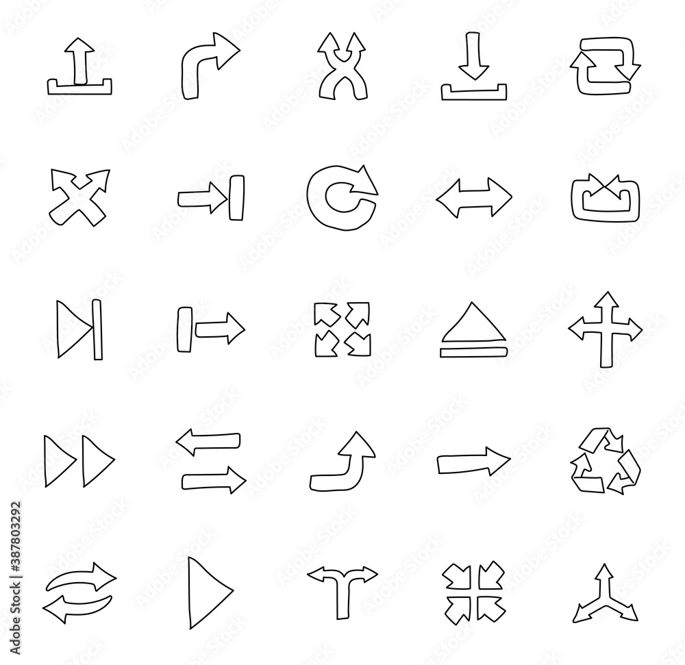 Poster arrows hand drawn linear doodles isolated on white background. arrows icon set for web and ui design