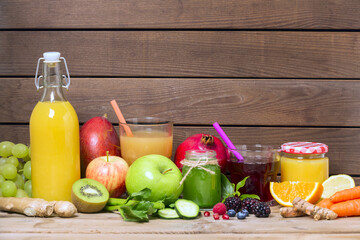 Various freshly squeezed fruits and vegetables juices