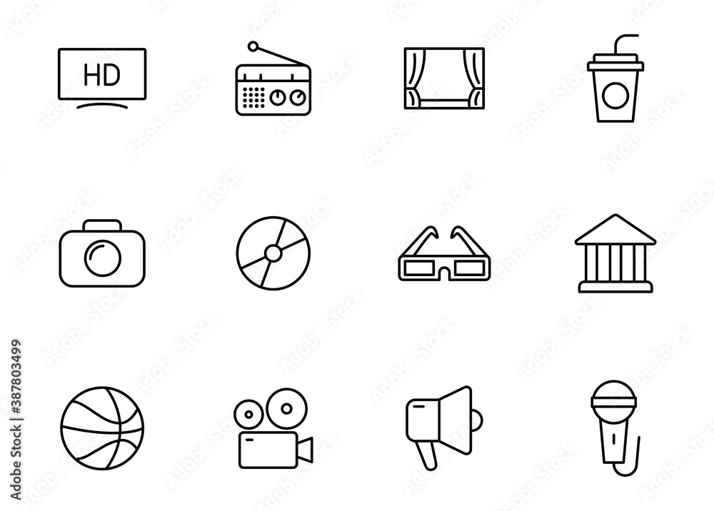 Poster entertainment outline vector icons isolated on white. entertainment icon set for web and ui design, 