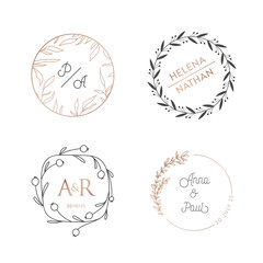 Wedding wreaths, circle laurels logos. Vintage monogram vector collection. Modern frame, minimalistic