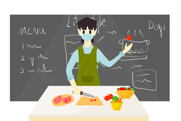 A young woman cooking in the kitchen.  Vector character flat style lifestyle cooking eat at home