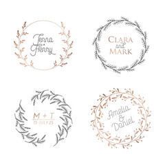Wedding floral wreaths, circle botanical laurels monograms. Vintage logo vector collection. Modern frame