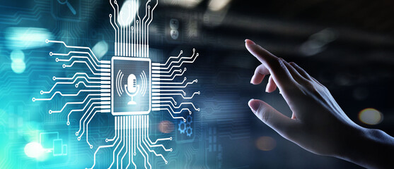 Voice recognition search and control microphone symbol on virtual screen.