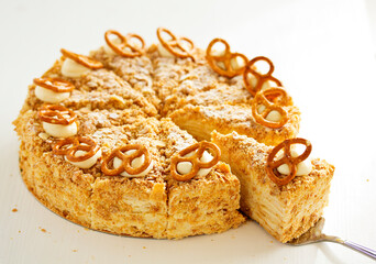 Homemade Napoleon cake with butter cream. Selective focus.