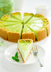 Pistachio Cheesecake. Homemade baking. Selective focus