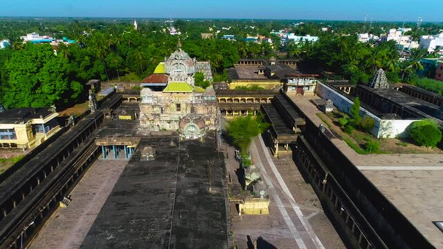 Aerial shot of Chidambaram Nadaraja Temple with colorful blue sky