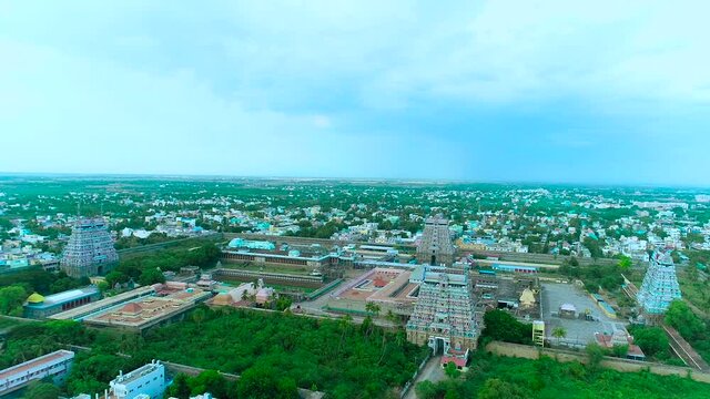 Aerial view of Chidambaram Nadaraja Temple with colorful cloudy blue sky