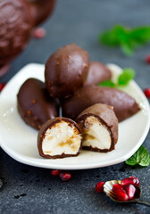 Homemade curd snacks with chocolate .. Selective focus.