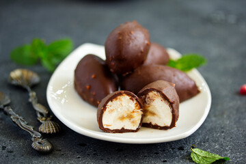 Homemade curd snacks with chocolate .. Selective focus.