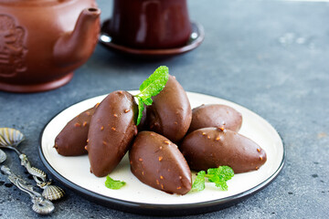 Homemade curd snacks with chocolate .. Selective focus.