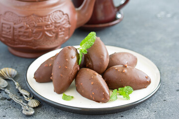 Homemade curd snacks with chocolate .. Selective focus.