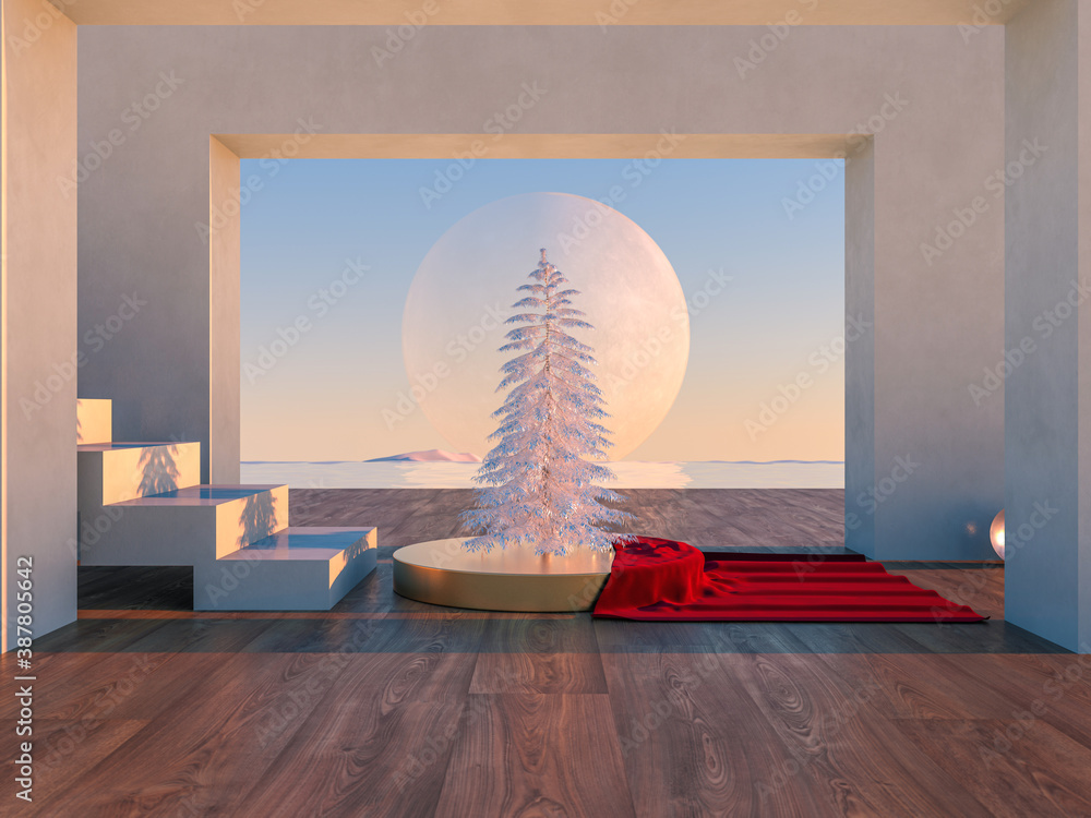 Poster abstract winter christmas scene with geometrical forms in natural day light. minimal 3d landscape ba