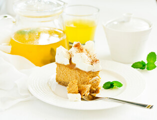 Pumpkin cheesecake with chocolate. Selective focus.