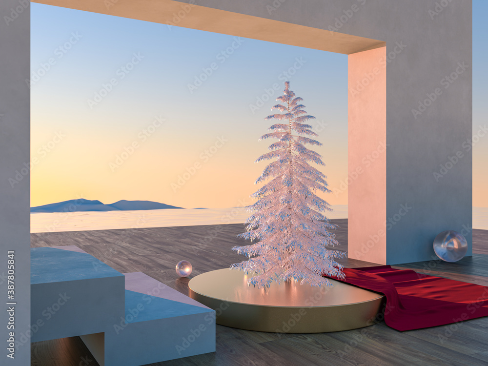 Poster abstract winter christmas scene with geometrical forms in natural day light. minimal 3d landscape ba