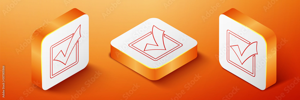 Poster isometric check mark in a box line icon isolated on orange background. tick symbol. check list butto
