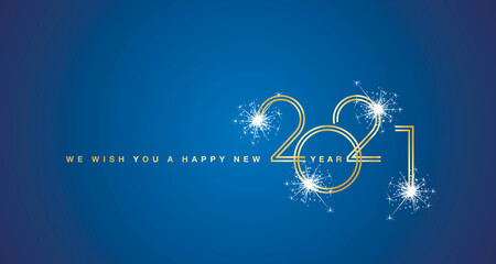 Obraz na płótnie Canvas We wish You a Happy New Year 2021 gold double line design with sparkle firework white blue background
