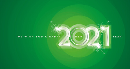 We wish You Happy New Year 2021 firework silver modern design numbers glass color shining green color greeting card