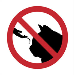 Vector silhouette of do not feeding cat mark on white background. Symbol of prohibition with animal.