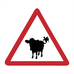 Vector silhouette of attention mark with cow on white background. Symbol of farm animals.
